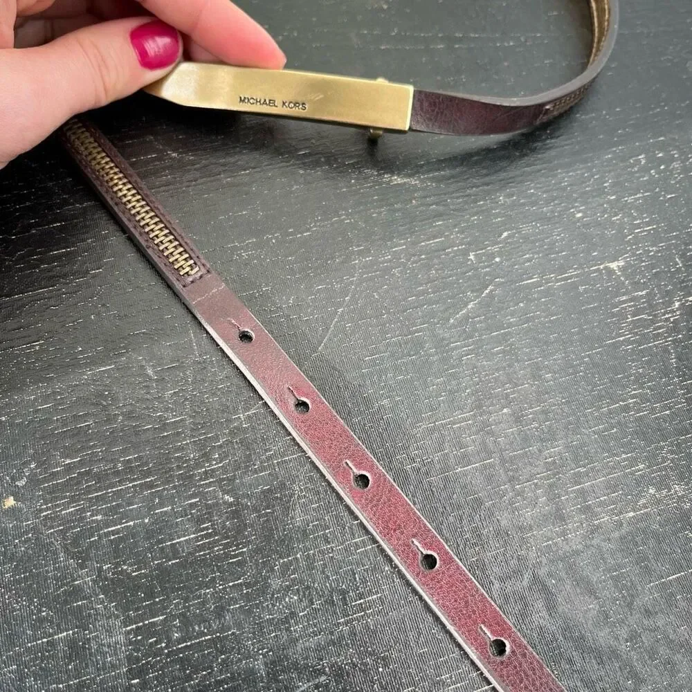 VTG Y2K Michael Kors Brown Leather Skinny Belt w/ Zipper Detail Gold Buckle